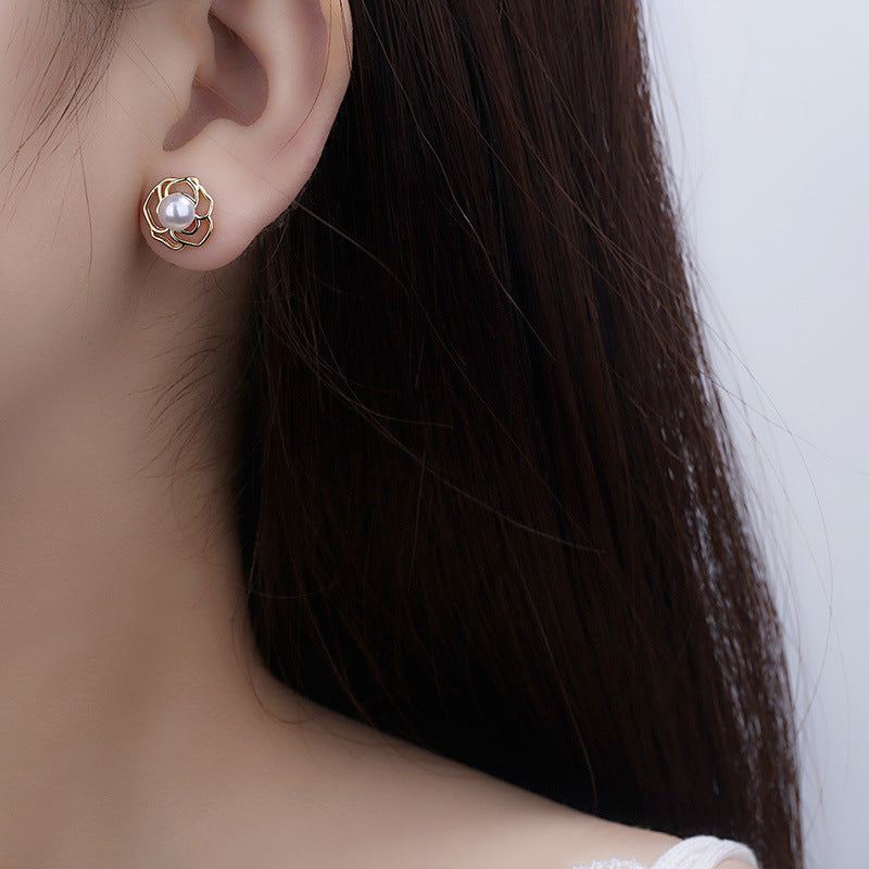 Simple Camellia Three-piece Set Sier Live Earrings