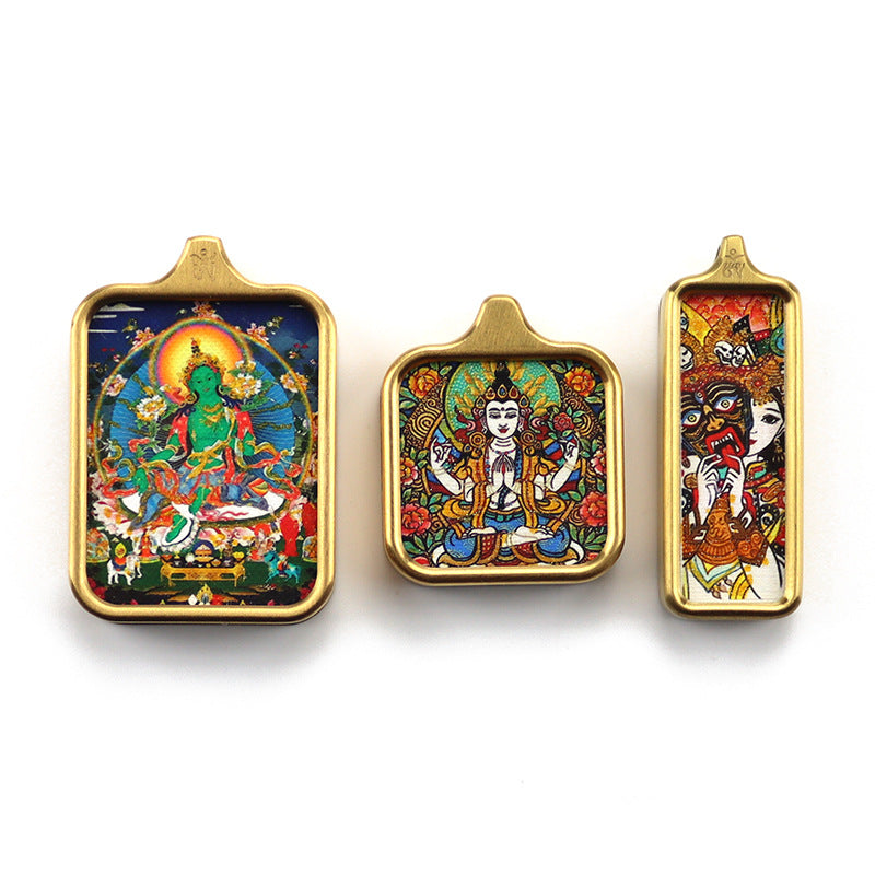 Tibetan Square Hand Painted Golden Outline Eight Patron Pendants