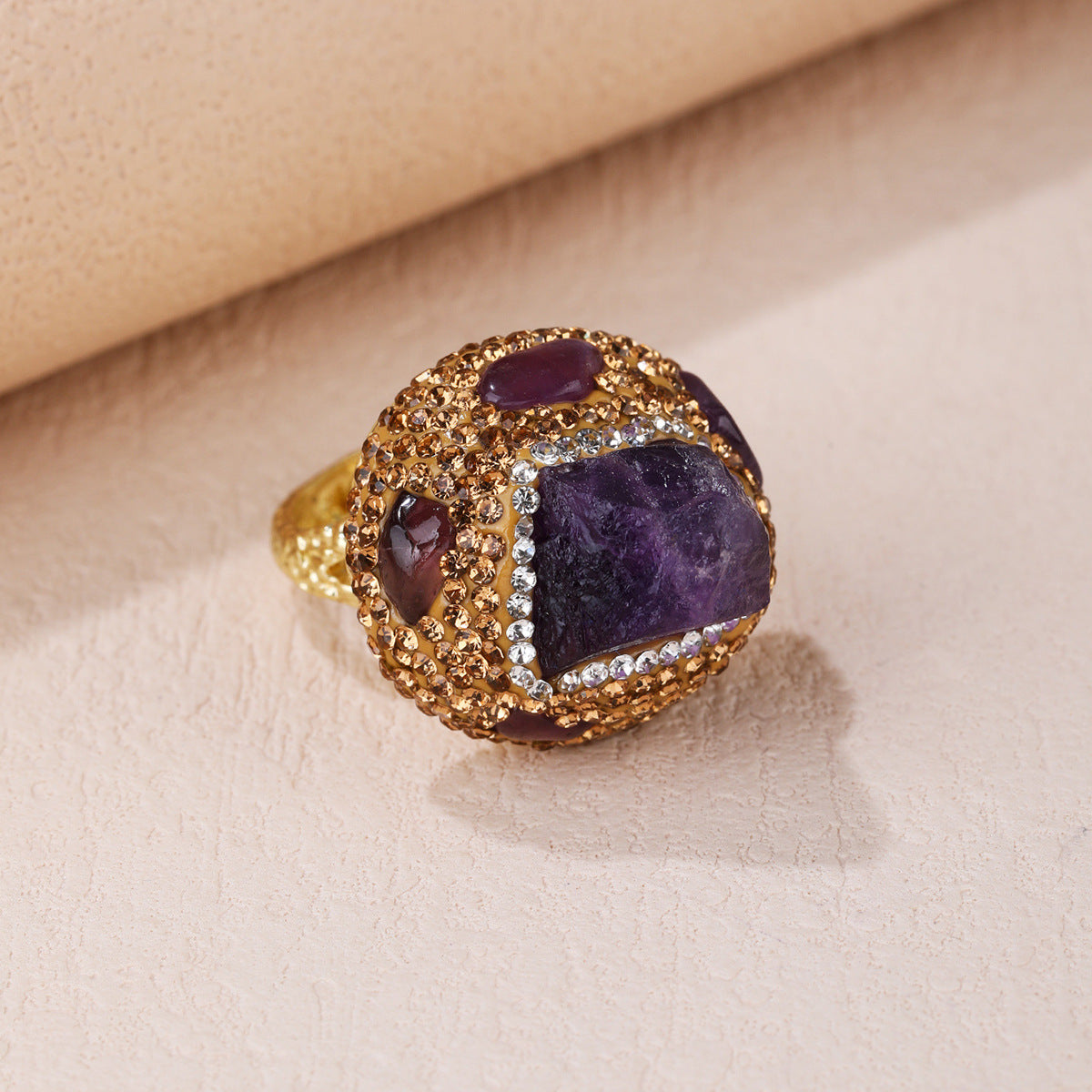 Fashion Punk Natural Amethyst Citrine Rough Stone Irregular Opening Ring