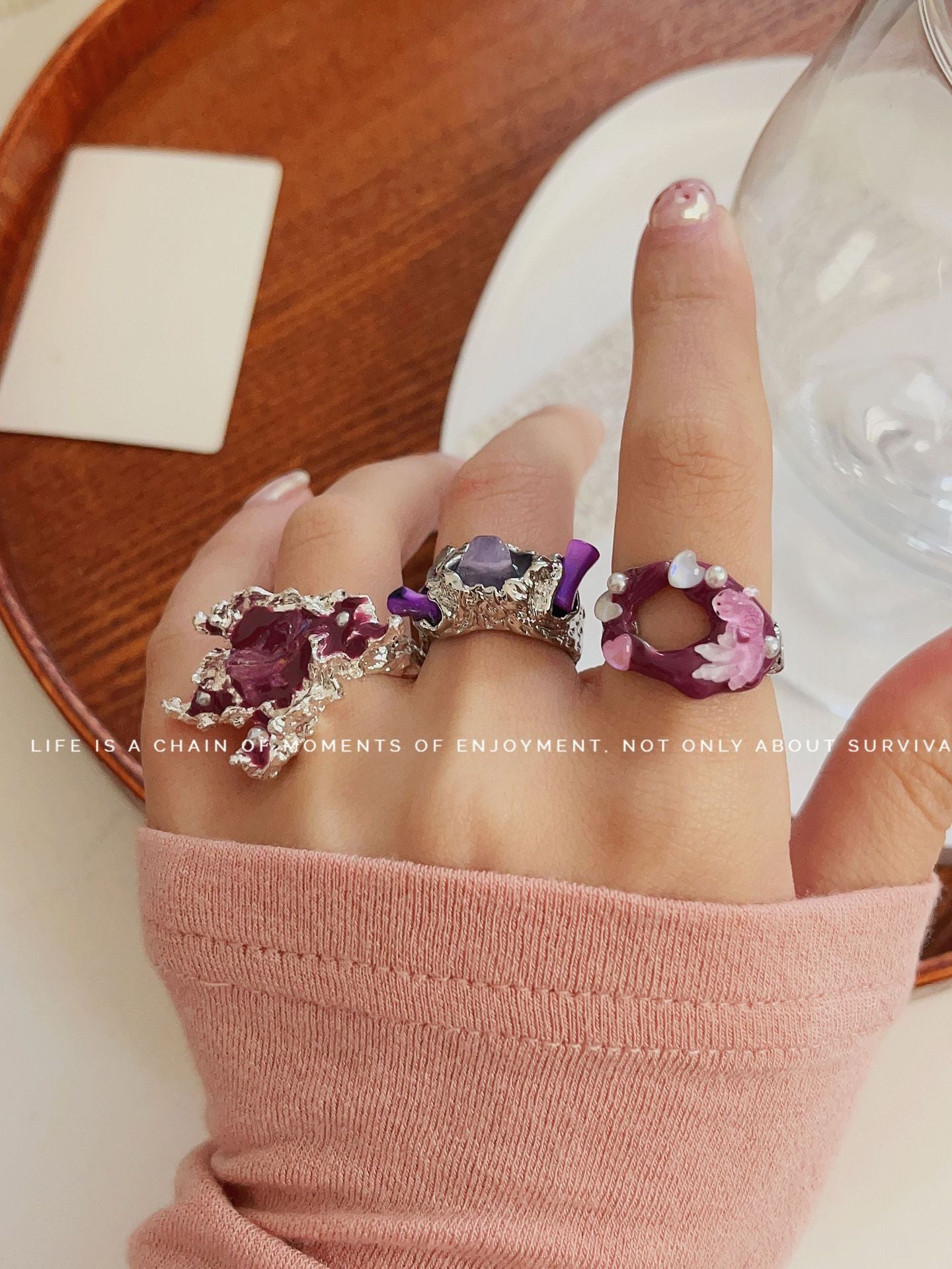 Design Metal Lava Purple Tourmaline Stone Enamel Cold Wind Ring