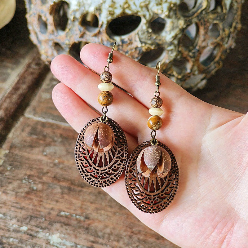 Style Retro Minority Mori Bohemian Indian Wandering Hollow Wood Grain Earrings