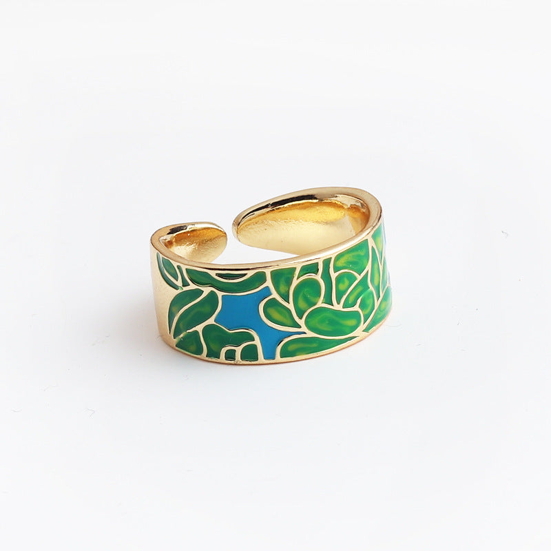 Women's Face Blue Leaf Slate Pattern Opening Adjustable Rings