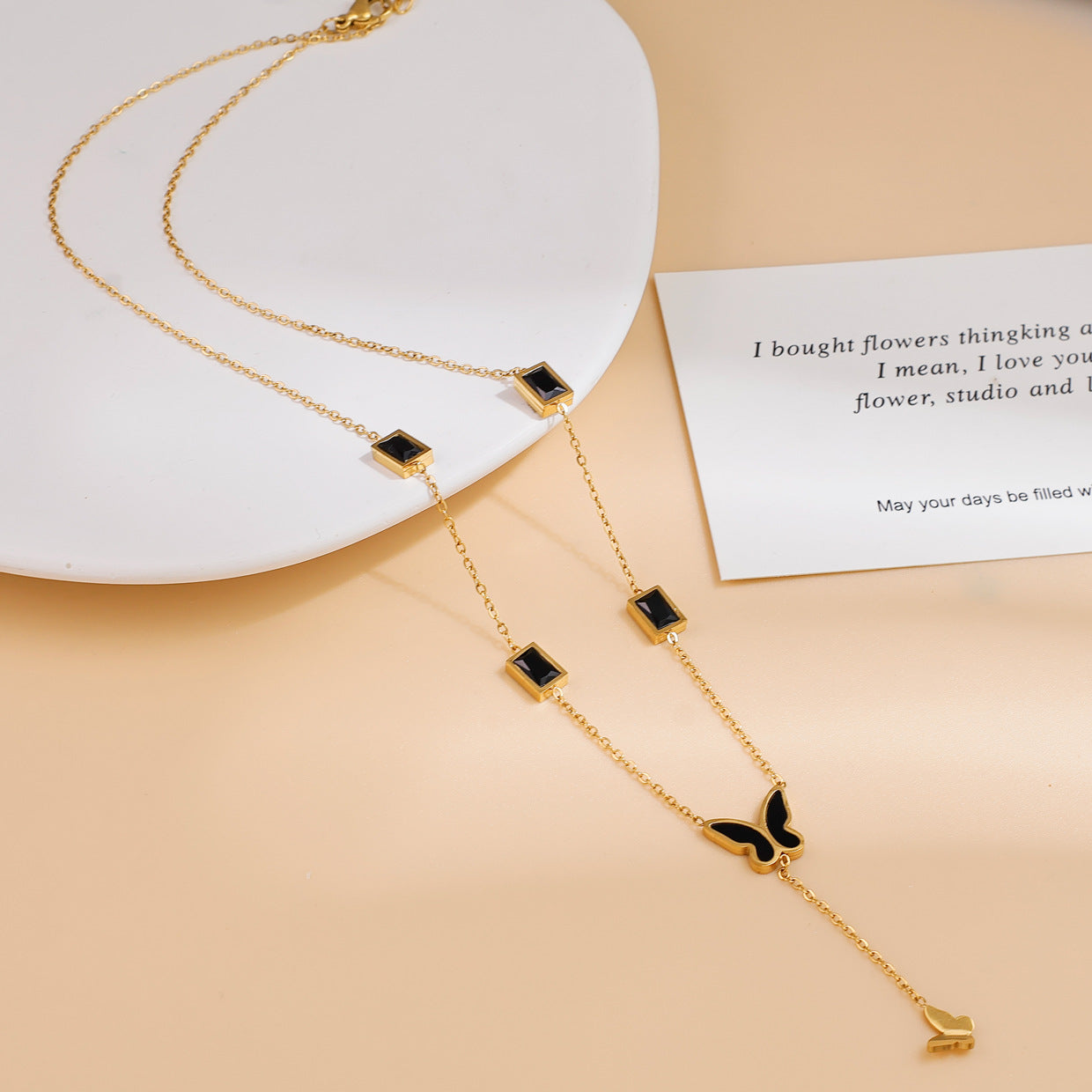 Women's Steel Black Butterfly Tassel Square Zircon Clavicle Necklace