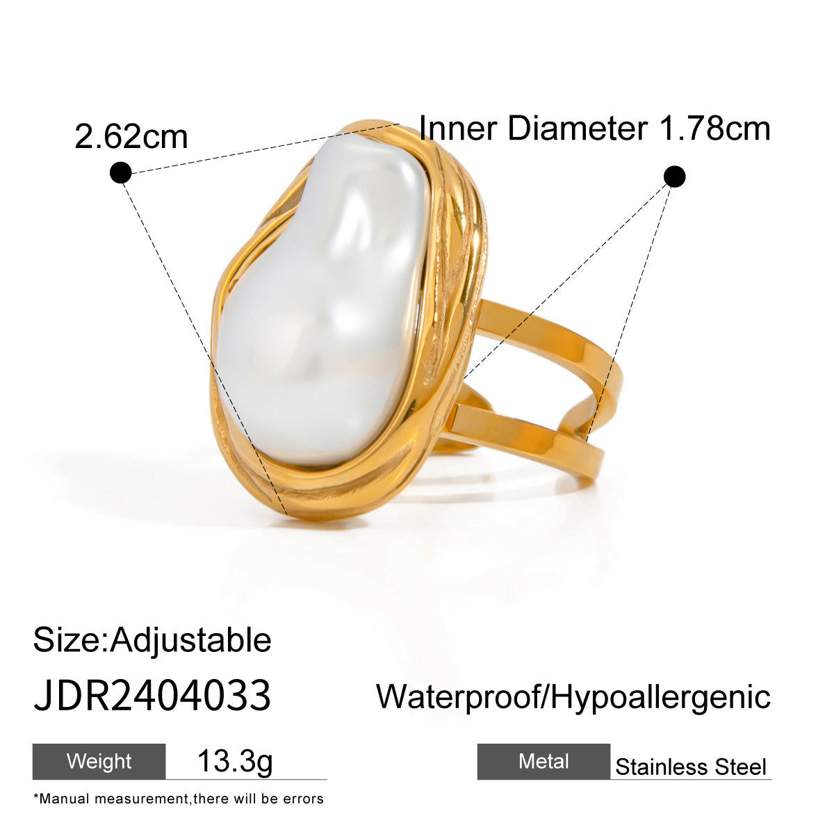 Gold Stainless Steel Baroque Open-end Pearl Female Ring
