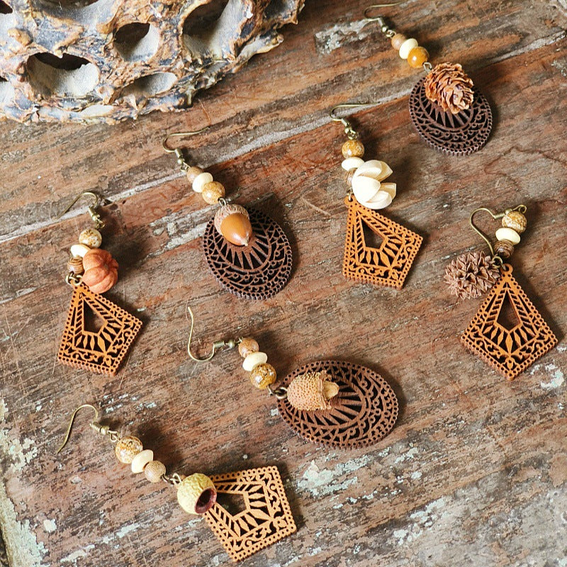 Style Retro Minority Mori Bohemian Indian Wandering Hollow Wood Grain Earrings