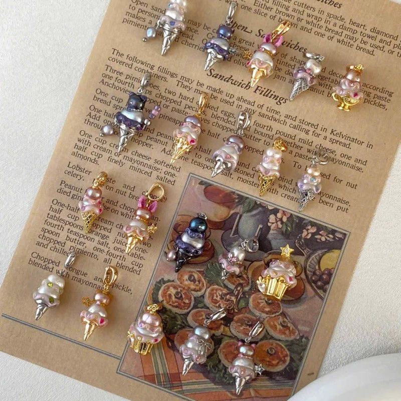 Pearl Ice Cream Bear Head Cupcake Bow Pendants