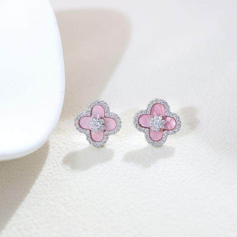 Women's Inlaid Zircon Lucky Four-leaf Flower Pink Imitation Fritillary Sier Light Stud Earrings