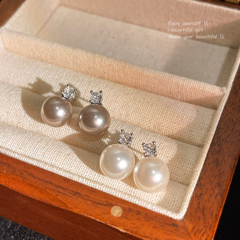 Sier Needle Simple High-grade Glass Pearl Female Graceful Super Stud Earrings