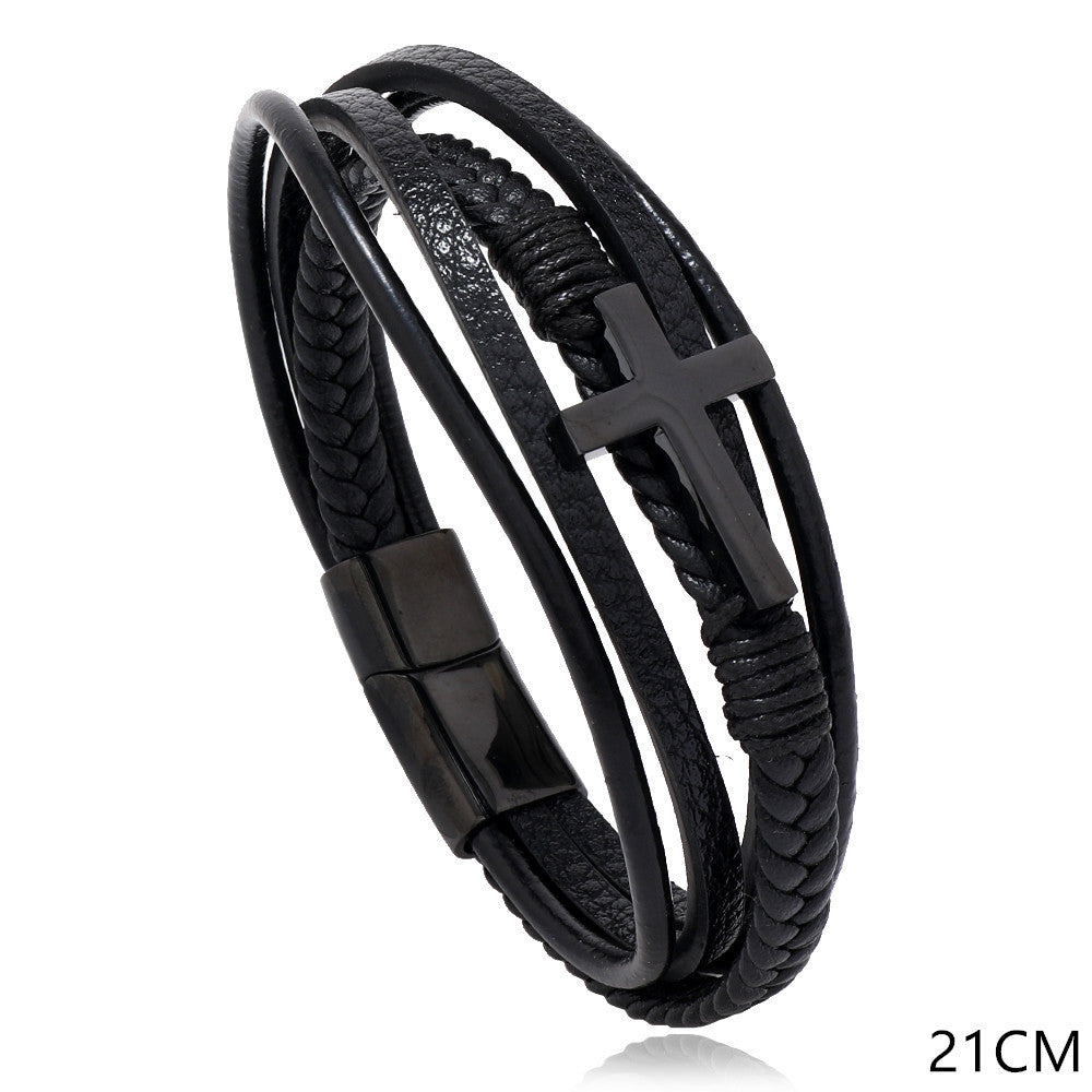 Men's Leather Woven Korean Style Glossy Magnetic Snap Cross Imitation Bracelets