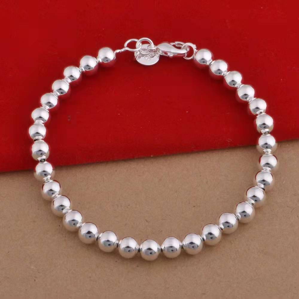 Women's White Copper Sier Plated Full Glossy Round Beads Bracelets