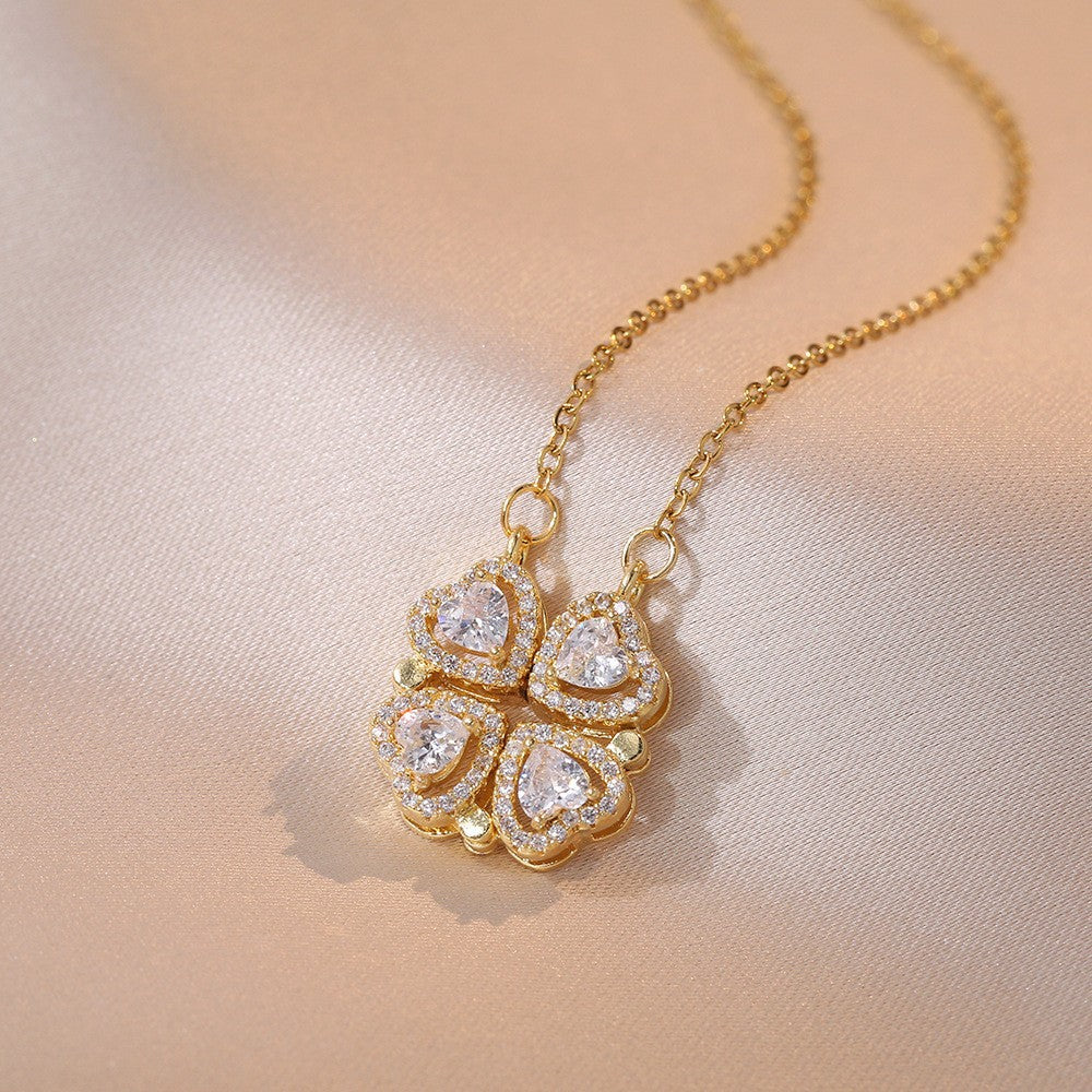 Women's Steel Cross Chain Open Close Four-leaf Flower Necklace