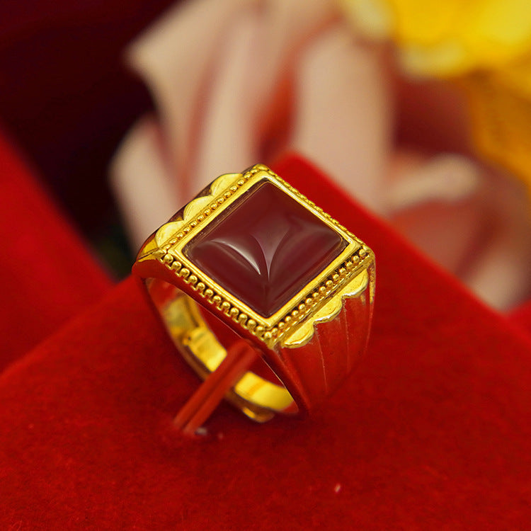 Men's Square Oval Man's Brass Gold-plated Inlaid Obsidian Ring