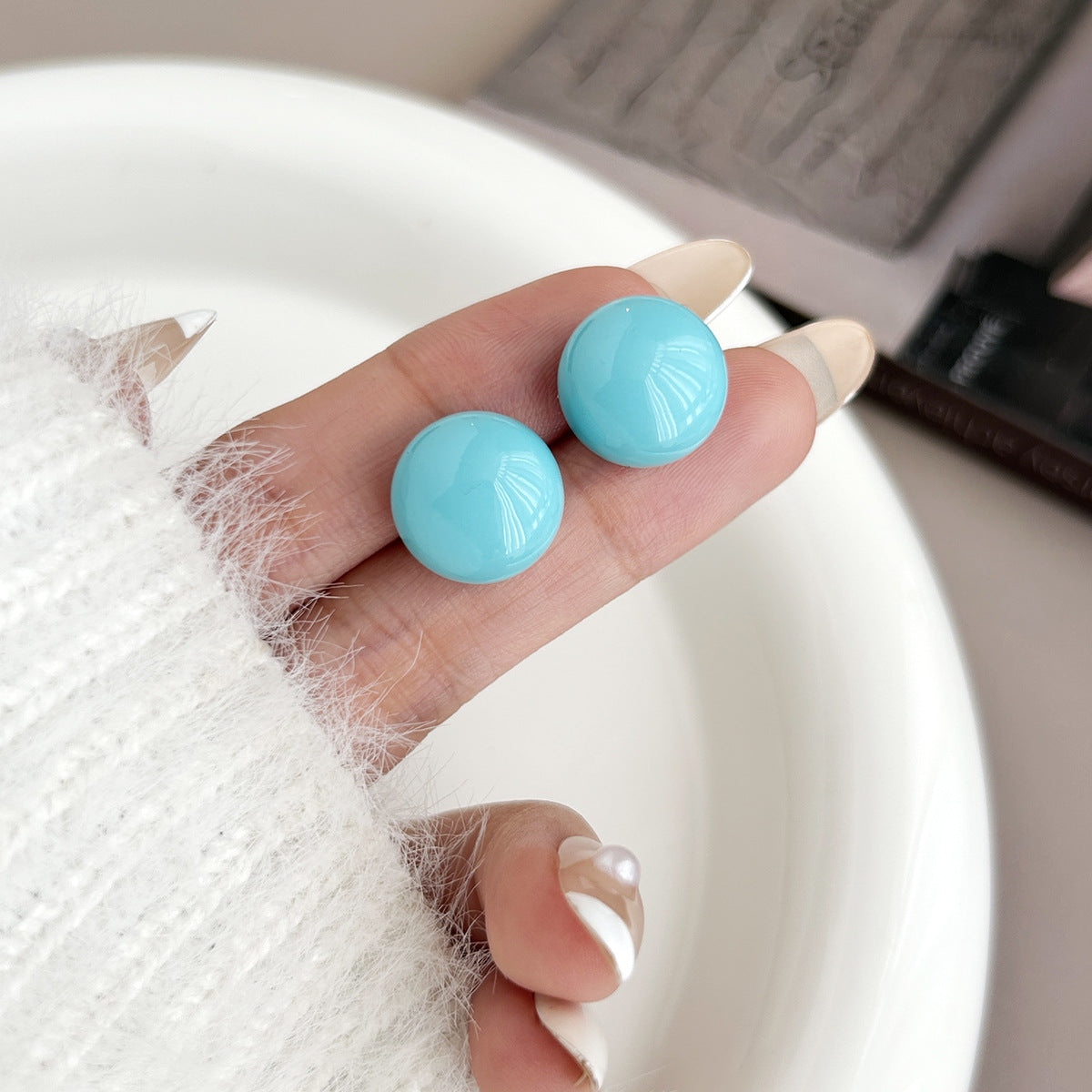 Sier Needle Dopamine Color Candy Ball Ear Female Fashionable Stud Earrings