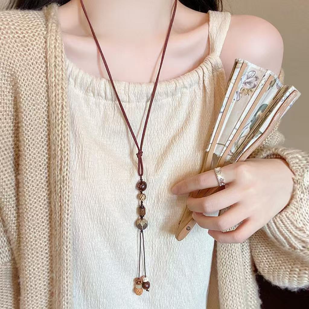 Women's Style Wooden Metal Leaf Braided Rope Ethnic Necklace