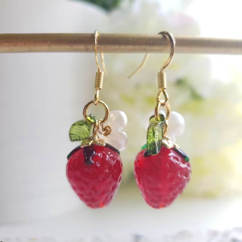 Temperament Girlish Style Leaves Red Crystal Raspberry Cute Earrings