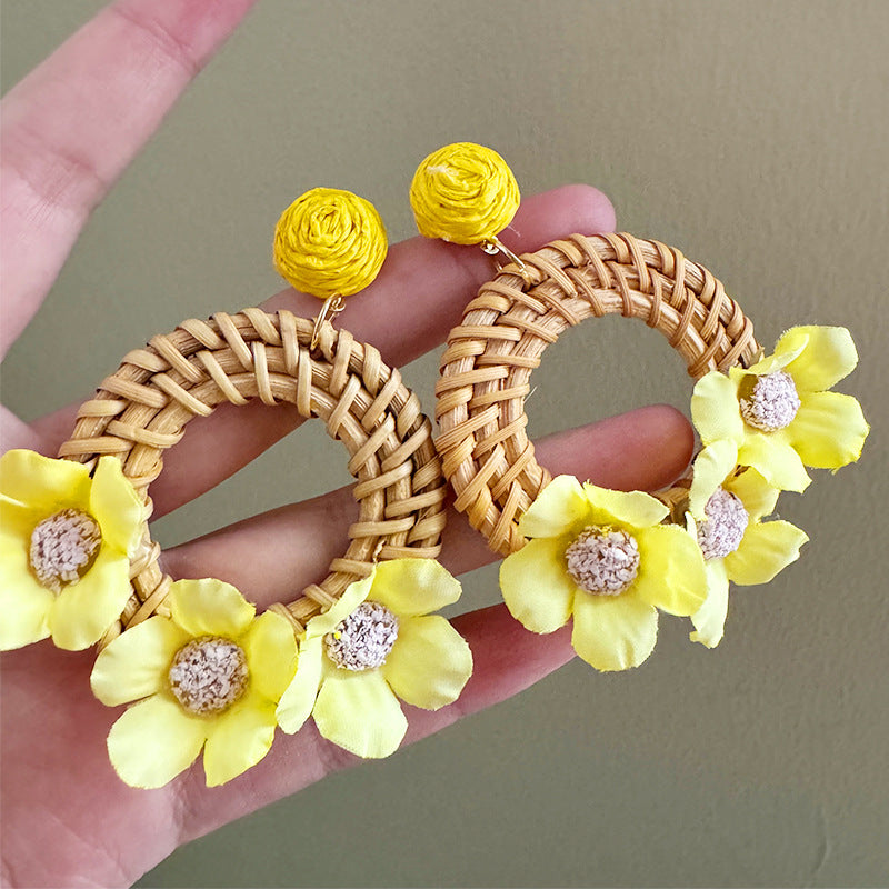 Bohemia Style Exaggerated Rattan Geometric Round Flower Unique Rings