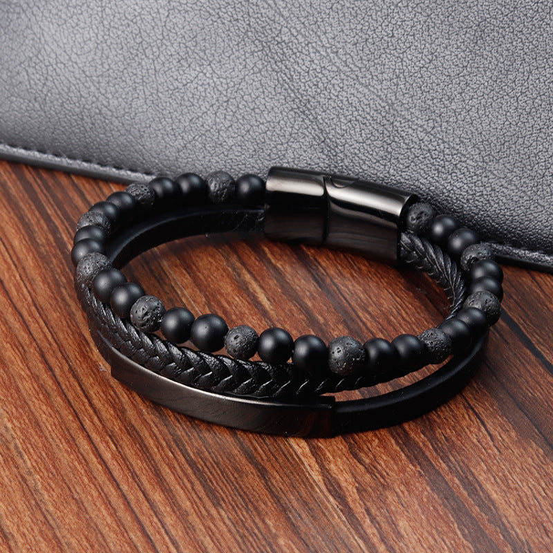 Men's Natural Stone Volcanic Rock Leather Stainless Bracelets