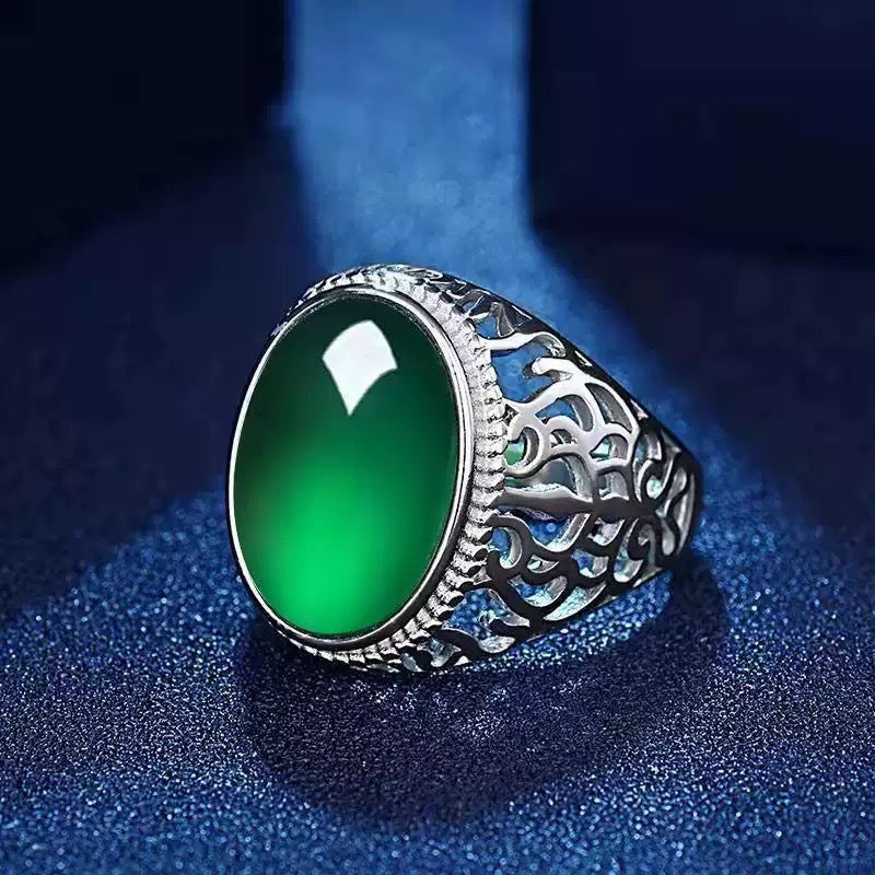 Men's Imitation Gold Green Agate Gemstone Live Streaming Welfare Rings