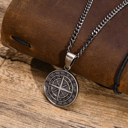 Men's Stainless Steel Compass Gold Coin Hip Pendants