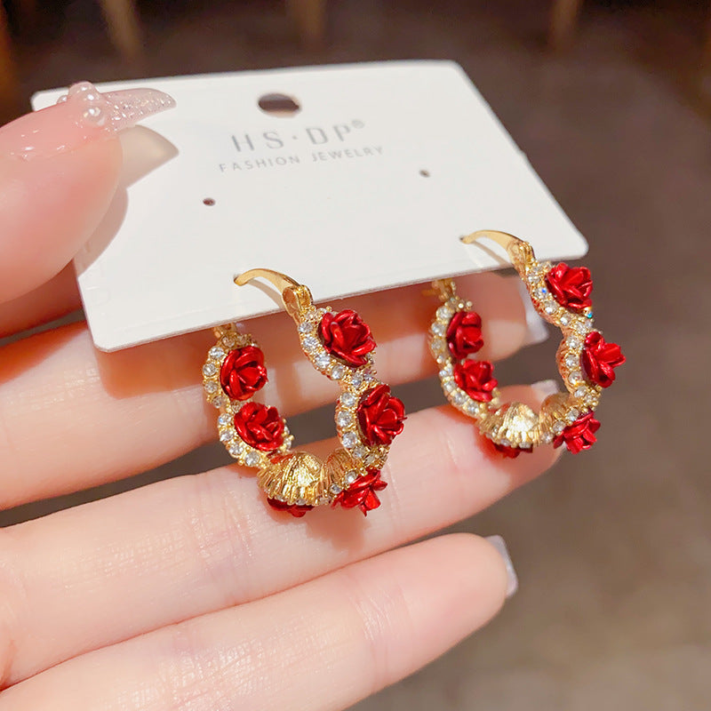 Style Romantic Aura Red Rose Clip Fashionable Stylish High-grade Light Ear Buckle