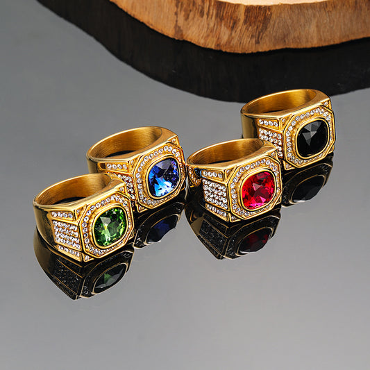 Men's Fashion Hip Hop Light Luxury Inlaid Round Zircon Titanium Steel Ring