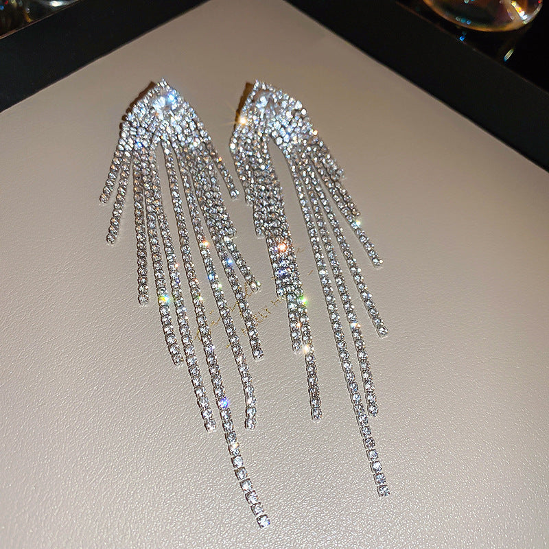 Women's Style Zircon Long Tassel Sier Pin Earrings