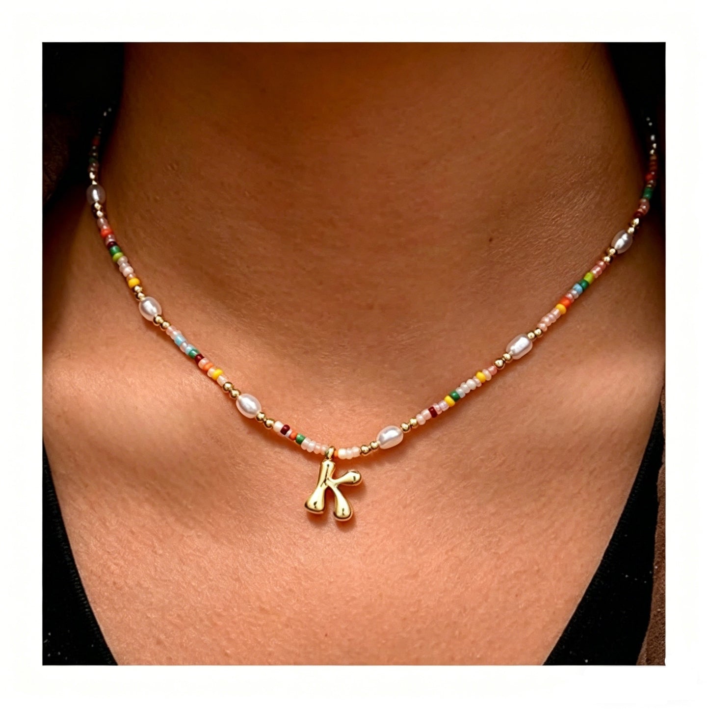 Best-selling Bubble Gold English Letter Color Small Beads Pearl Necklace