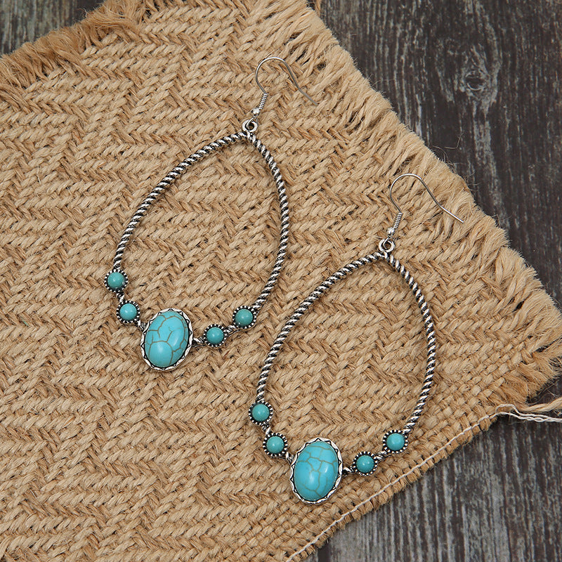 Retro Exaggerated Water Drop Turquoise Inlaid Earrings