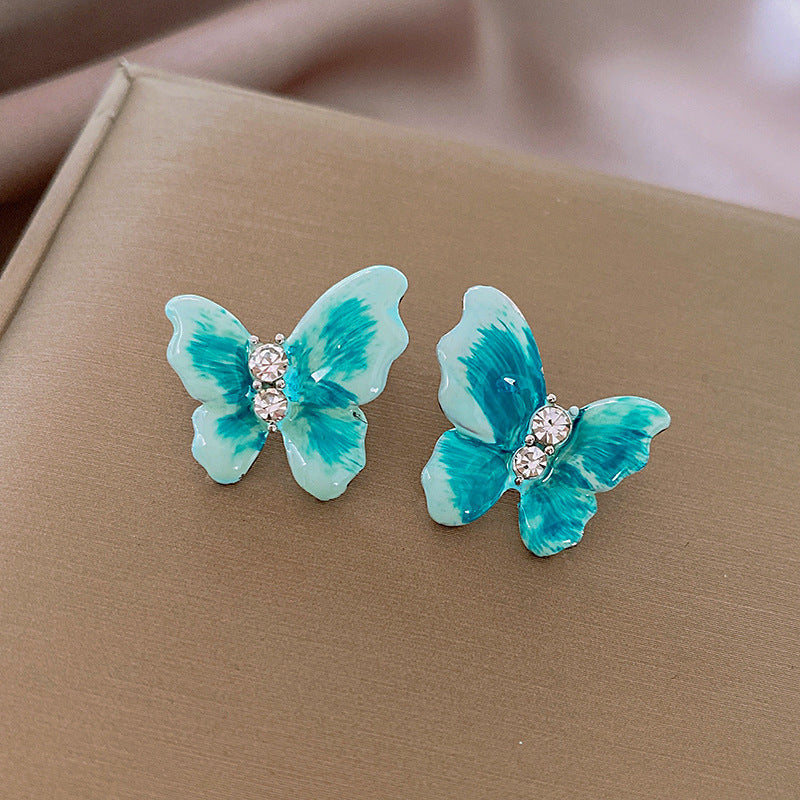 Needle Blue Butterfly Drop Oil Diamond Artistic Temperamental Affordable Earrings