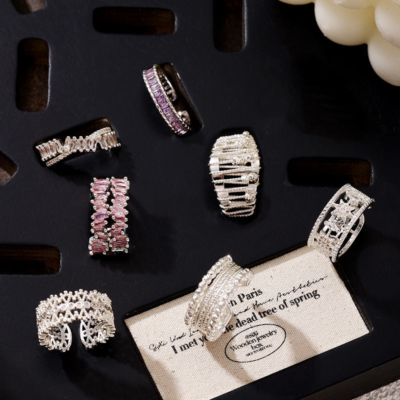 Sier Light Luxury High Sense Design Open Adjustable Zircon Ring