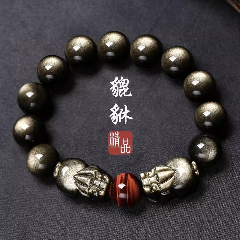 Women's & Men's Natural Gold Obsidian Double Buddha Beads Bracelets