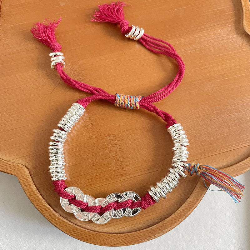 Sier Red Carrying Strap Chinese Round Dynasty Five Coins Hand-woven Bracelet
