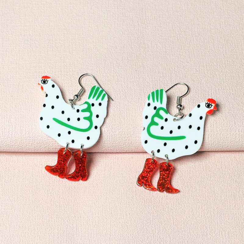 Creative Rooster Stitching Acrylic Printing Chicken Strange Earrings
