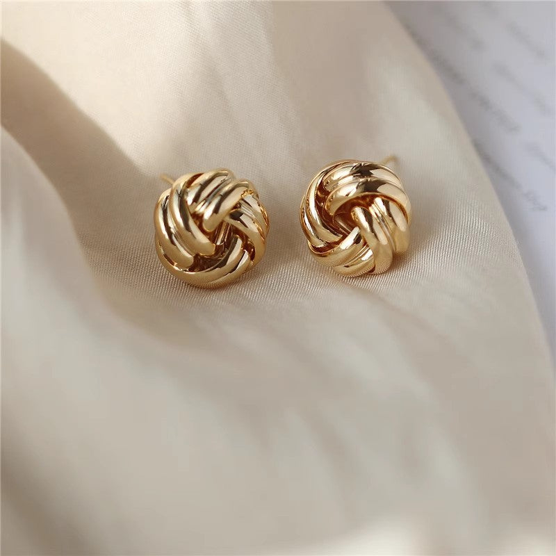 Simple Circle Twist Knotted Golden Ball Earrings