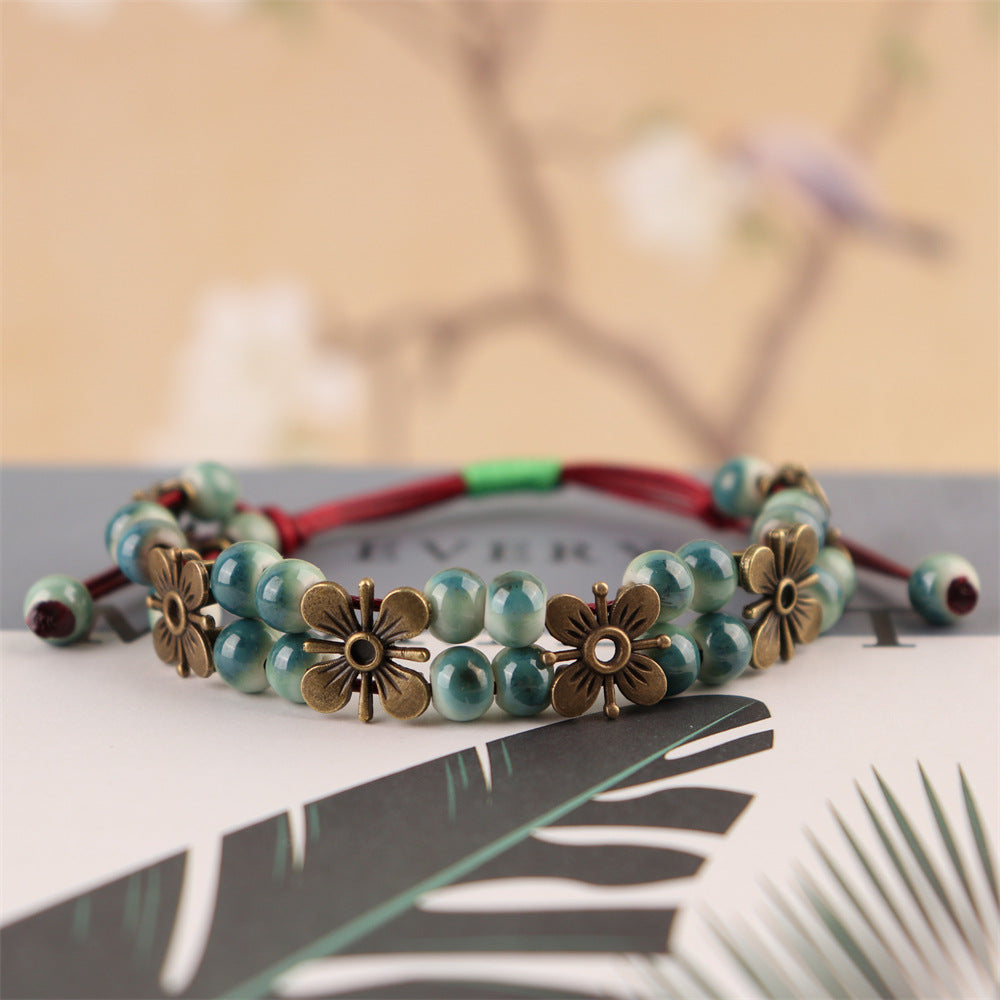 Bohemian Style Ceramic Beads Vintage Four-leaf Clover Copper Bracelets