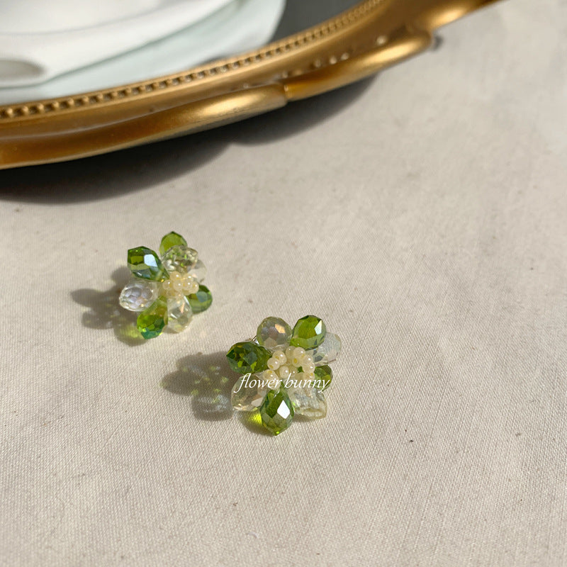 Tea Under The Moon Handmade Beaded Green Crystal Glass Ear Earrings