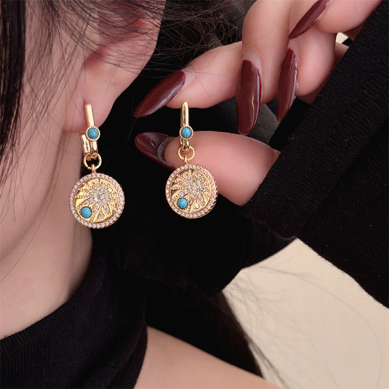 Style Micro Inlaid Turquoise Light Luxury Ancient Temperament Ear Clip Earrings
