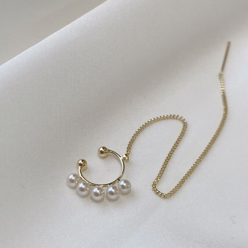 Korean Style Sier Personality Simple Chain Female Small Pearl Temperamental Earrings