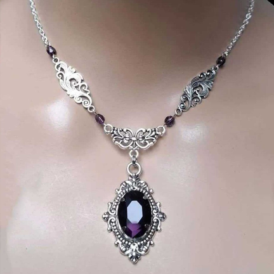 Victorian With Dark Purple Glass Gothic Necklace