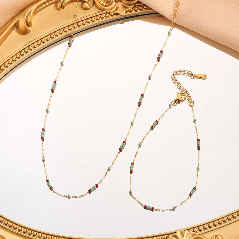 Turquoise Grain Glass Wine Red Contrast Color Beaded Titanium Steel Necklaces