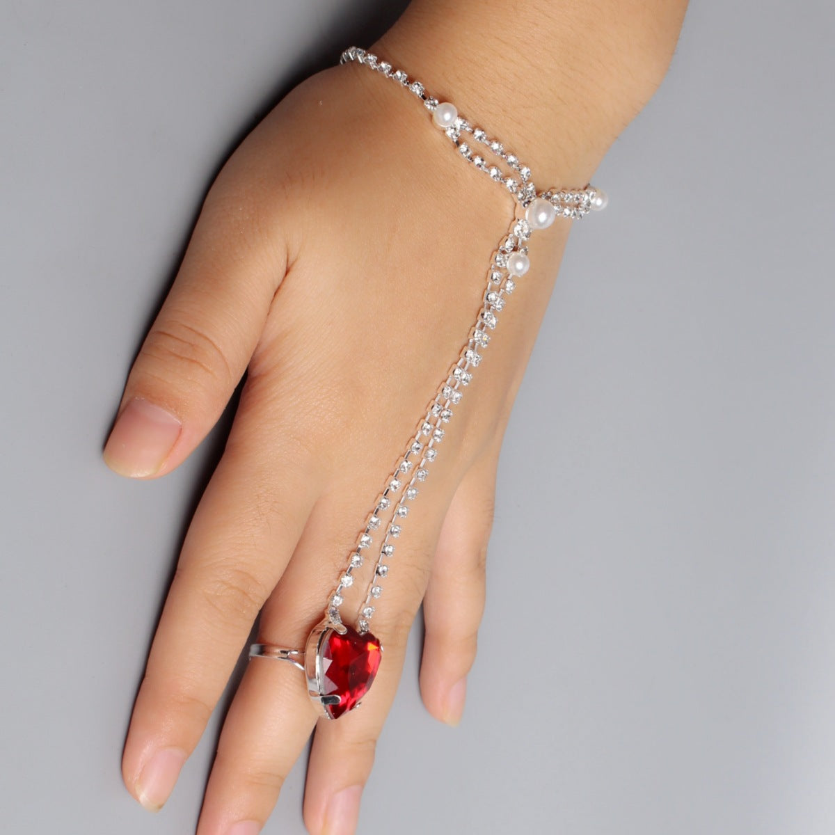 Rhinestone Peach Heart Bridal Jewelry Finger Bracelets