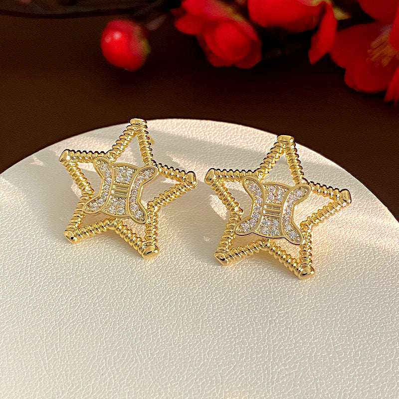 Zircon Letters Pentagram Artistic Retro Hollow Earrings