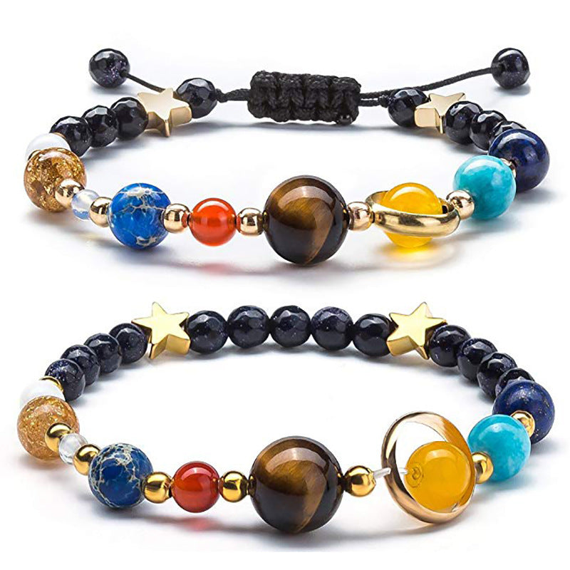 Women's Stone Elastic String Eight Planets Solar System Blue Bracelets