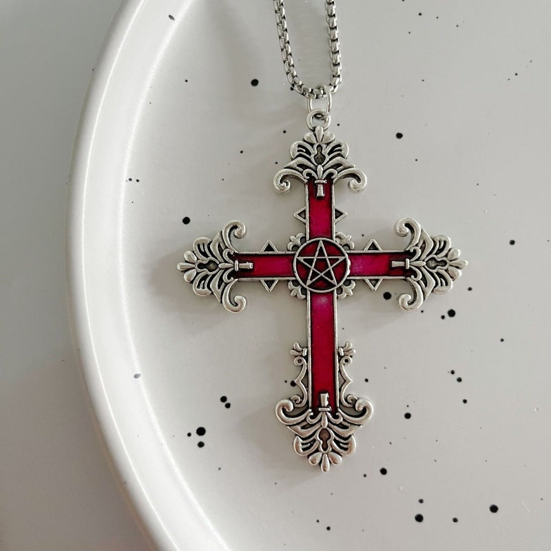 Grid Retro Dark Gothic Black Red Cross Necklace