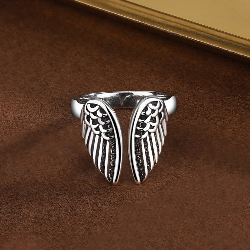 Women's & Men's Angel Wings Fashion Trend Sier Plated Retro Distressed Ring
