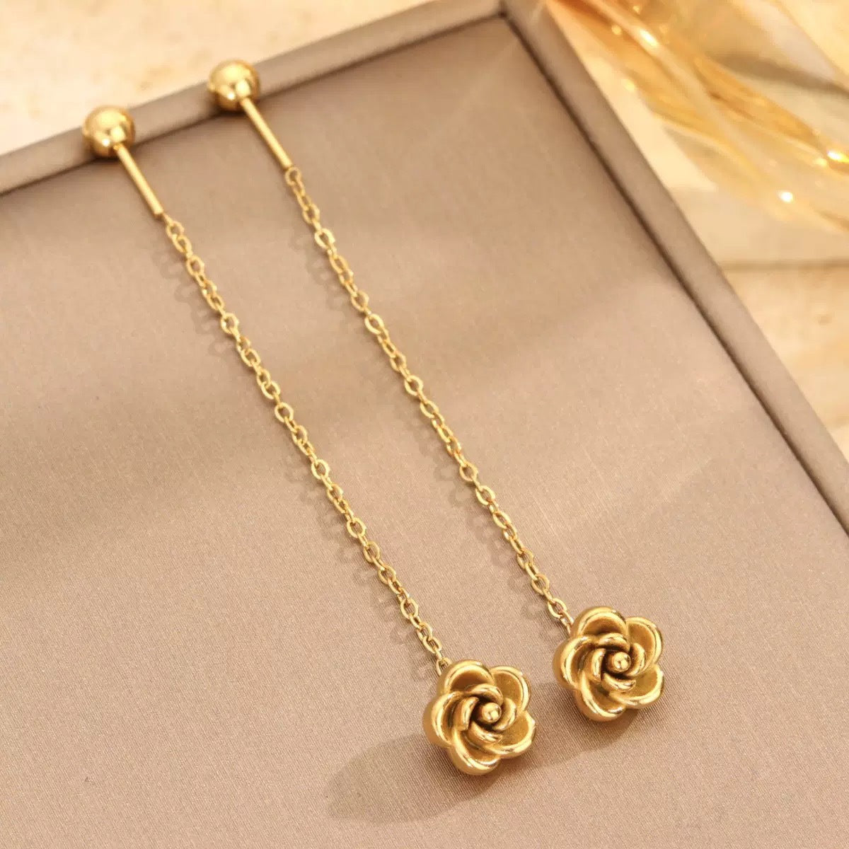 Women's Steel Frosted Gold Clover Lines Rose Temperamental Tassels Stainless Long Ear Line