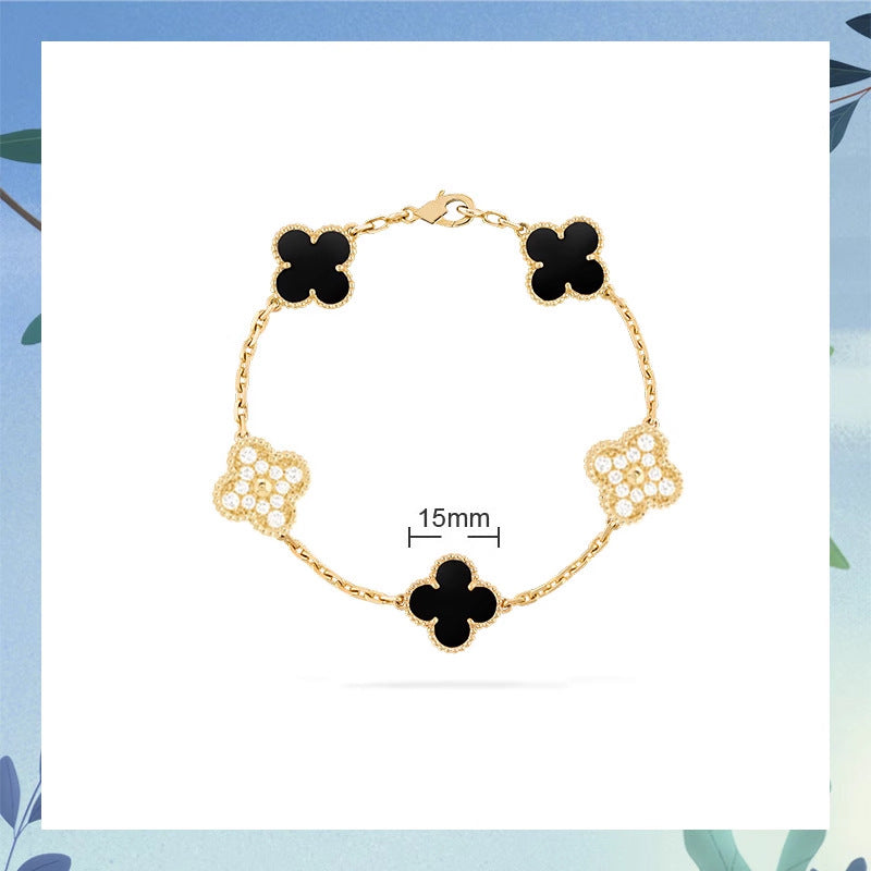Women's Four-leaf Clover Rose Gold Red Agate Black White Shell Flower Bracelet