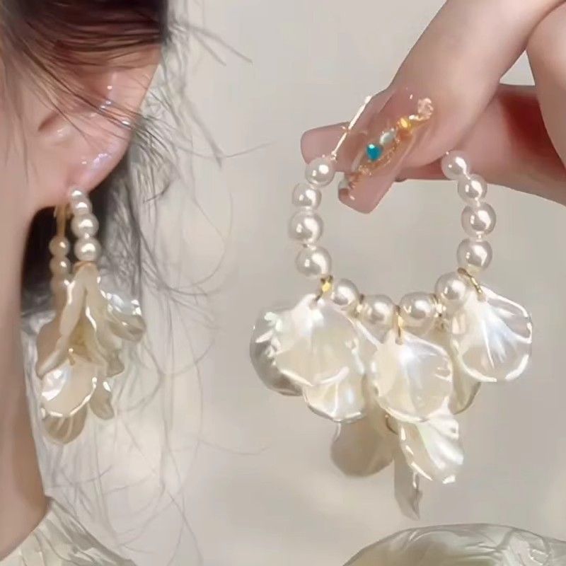 Petals Pearl Ethereal Design Long Tassel Ear Clip Rings
