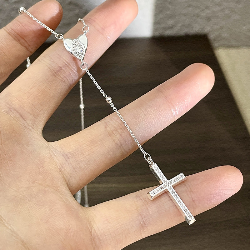 Women's Zircon Delicate Heart Cross Design Long Clavicle Pendants