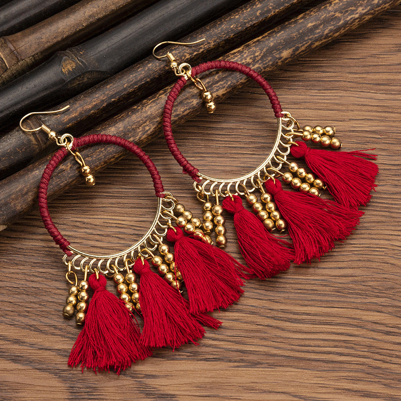 Women's Ethnic Style Bead Tassel Hand-woven Yunnan Earrings